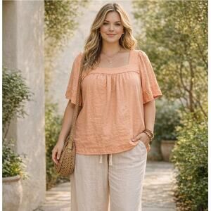 Ecothreads Linen Blend Square Neck Top Flutter Sleeve Shirt Coastal Boho Sz: XL